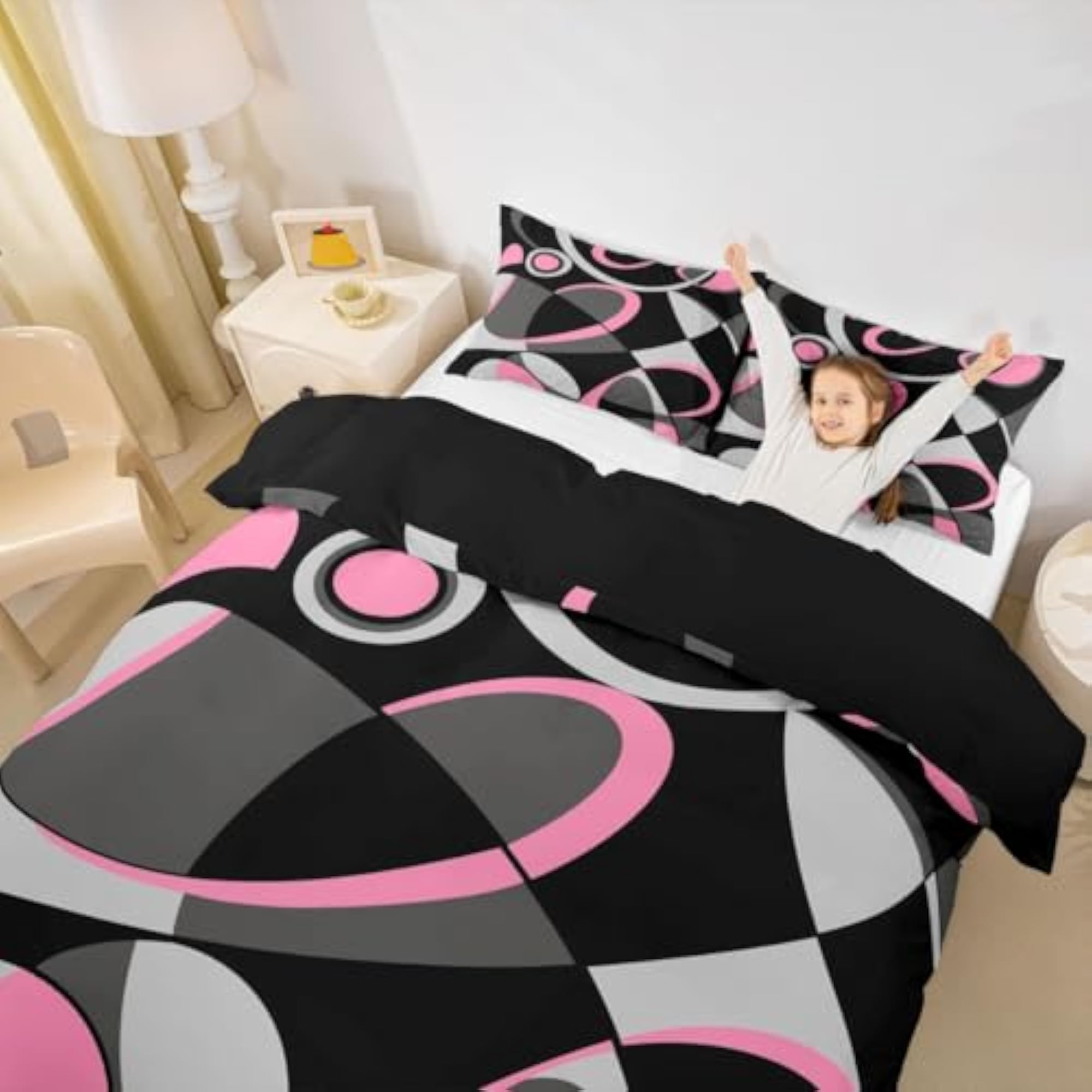 Pink Grey and Black Comforter Cover Bedding Set, Modern Abstract Art